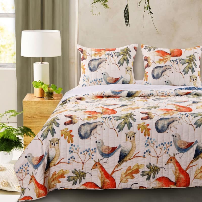 Nature Inspired Full and Queen Size Cotton and Polyester Quilt Set, Multicolor, Set of Three
