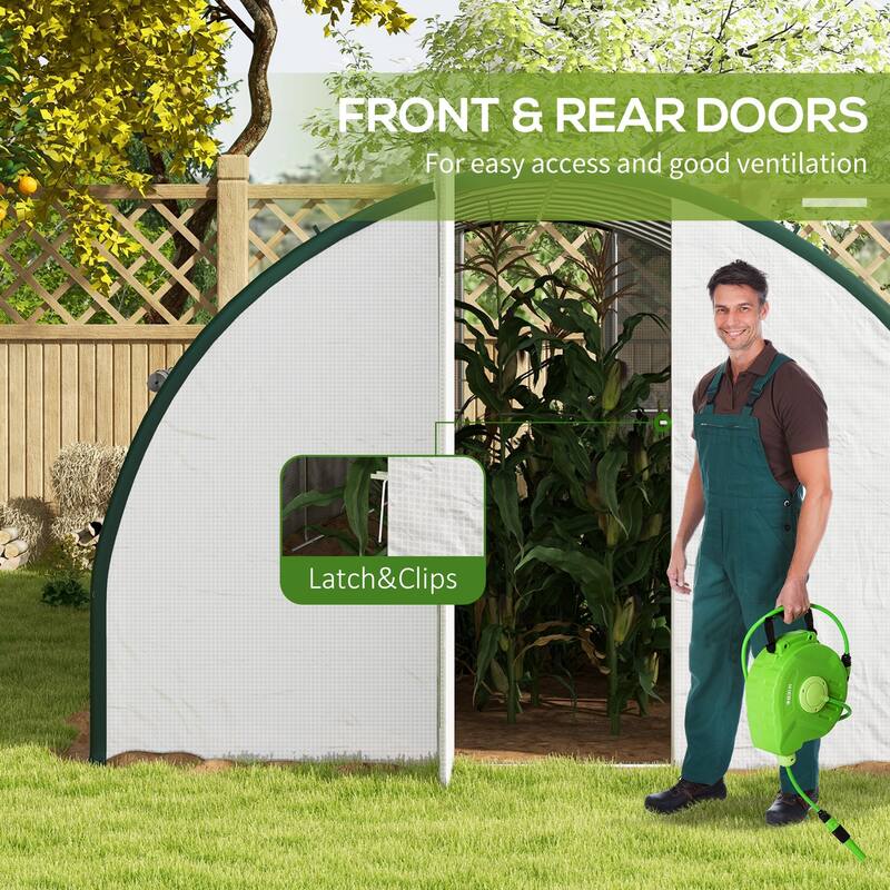 Outsunny 19.7' x 10' x 6.6' Walk-in Tunnel Greenhouse with Upgraded Structure, Outdoor Green House with 2 Hinged Doors