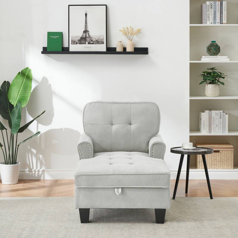 Gray+Beige Tufted Chaise Lounge Chair with Storage - Gray+Beige
