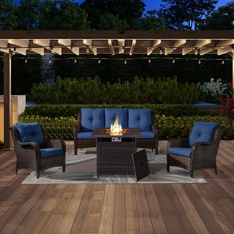 Gymojoy 4-Piece Outdoor Wicker Patio Furniture with Fire Pit Table, Rattan Coversation Set with Water Resistant Thick Cushions