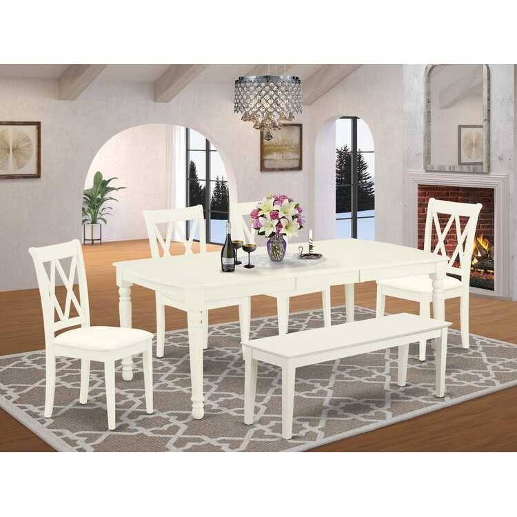 Linen White 6-Piece Dining Set - Rectangle Table, 4 Chairs, Bench - Modern Dinette Set - 78