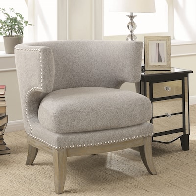 Mid Century Design Light-Grey Chenille Living Room Accent Chair with Nailhead Trim
