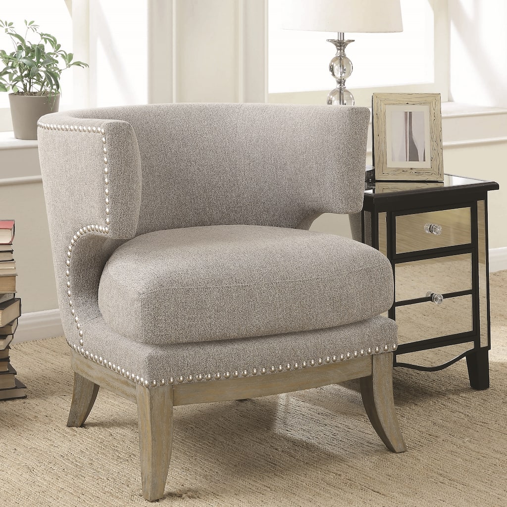 Mid Century Design Light-Grey Chenille Living Room Accent Chair with Nailhead Trim