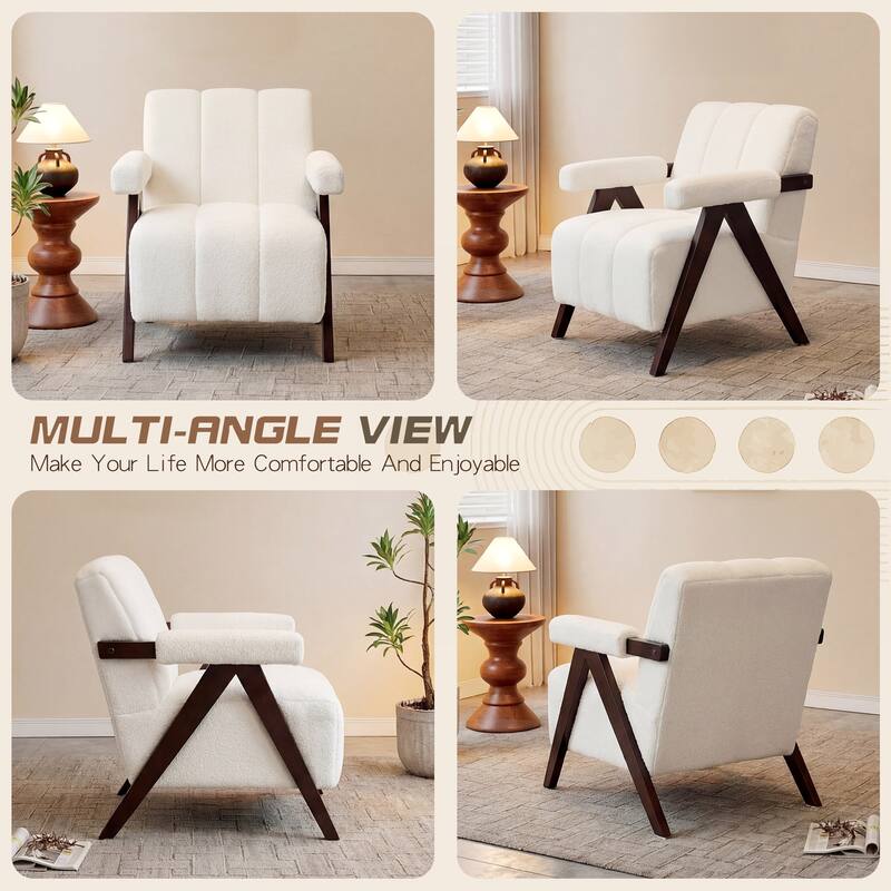 Mid Century Modern Accent Chair, Solid Wood Upholstered Armchair with Wide Backrest and Thick Cushion