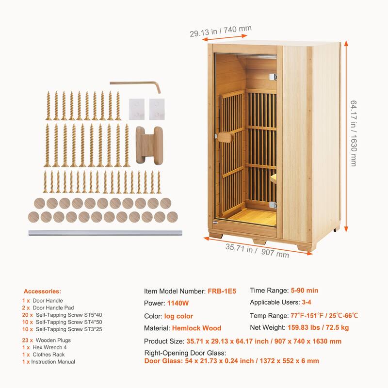 Far Infrared Wooden Sauna, Room Home Sauna Spa for One Single Person, Low EMF Far Infrared Hemlock Wood Sauna