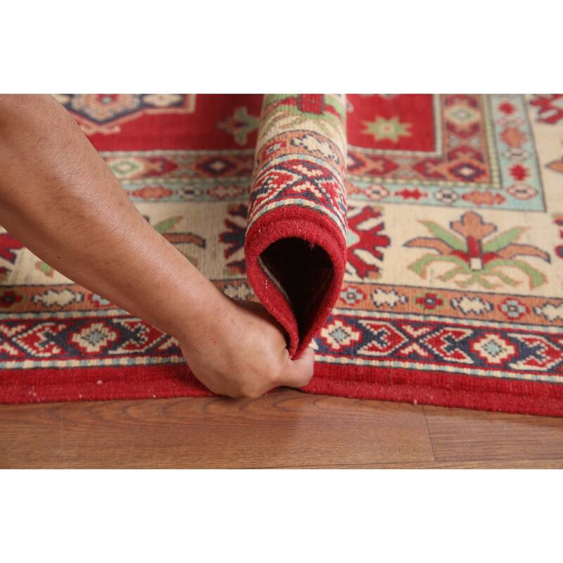 Hand Knotted Oriental 100% Wool Carpet Traditional Geometric Red Kazak Area Rug - 9' 10'' X 6' 6''