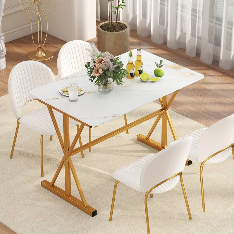 Golden and White Sintered Stone Dining Table with Metal Frame 135 lbs Capacity - 44" x 28" x 30"