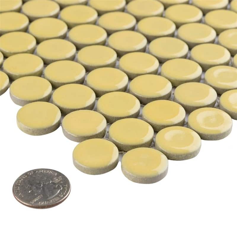Merola Tile Hudson Penny Round Vintage Yellow 11-7/8 x 12-5/8 Porcelain Mosaic Tile