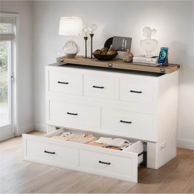 Queen Size Wood Murphy Bed with Charging Station and Drawer