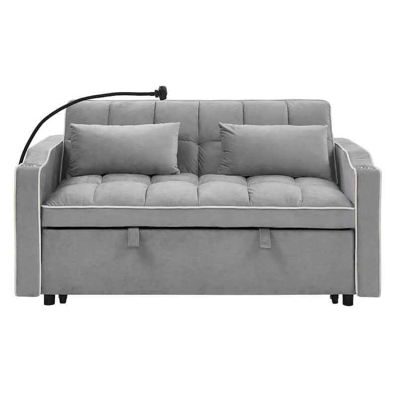 55.51'' Modern Versatile Foldable Sofa Bed With Adjustable Back and USB Port and Ashtray and Swivel Phone Stand