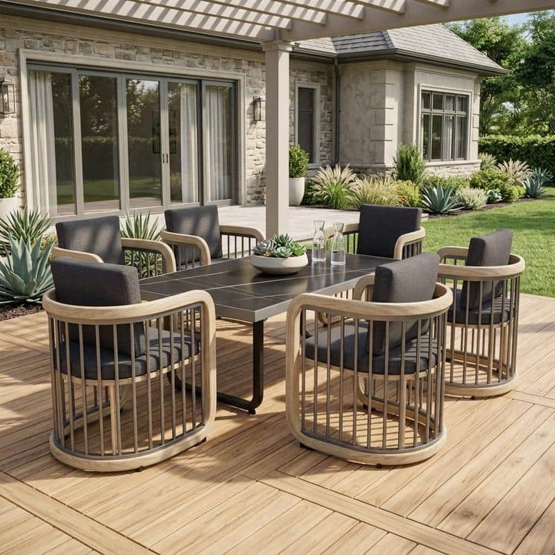 Klyra 7-Piece Modern Aluminum Outdoor Dining Set - Rust-Proof Rectangular Table & 6 Armchairs with Stain-Resistant Cushions - Grey