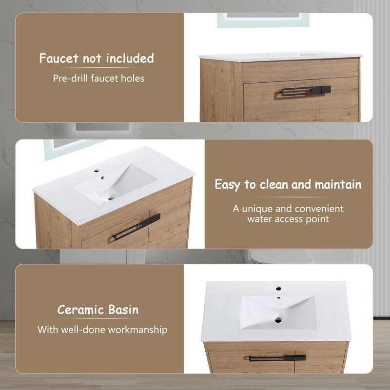 Bathroom Vanity with Ceramic Sink, Soft-Close Doors, Adjustable Shelf, Eco-Friendly Plywood - 36in L Plywood