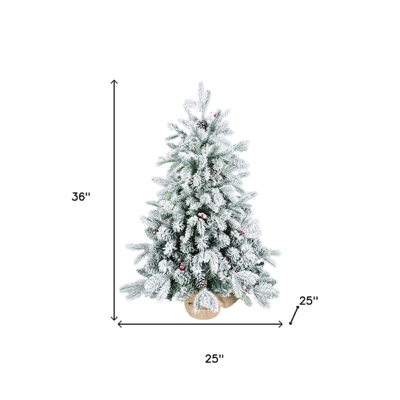 HomeRoots 3' Flocked Fir Christmas Tree With Burlap Base And Decorations - White - 25.00 in. x 36.00 in. x 25.00 in.