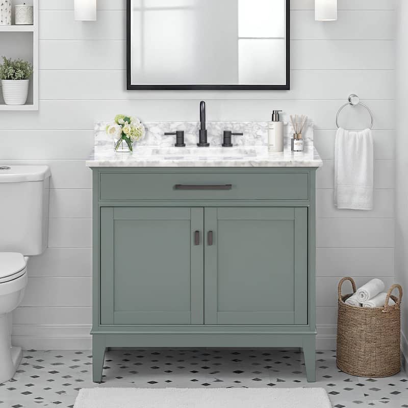 Madison 36 in. Single Sink Bathroom Vanity with Carrara Marble Top - 37"W x 22"D - Smoke Green