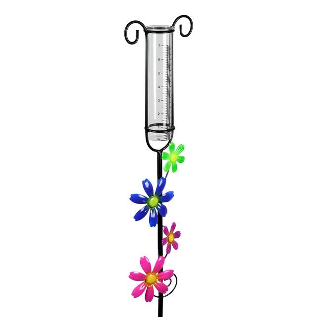 Exhart Glass and Metal Rain Gauge Garden Stake with Hand Painted Pink, Blue, Purple and Green Flowers, 42 Inches