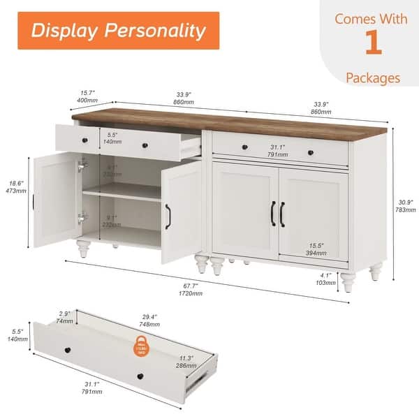 dimension image slide 6 of 8, Farmhouse Sideboard, Buffet Cabinet with Storage Cabinets