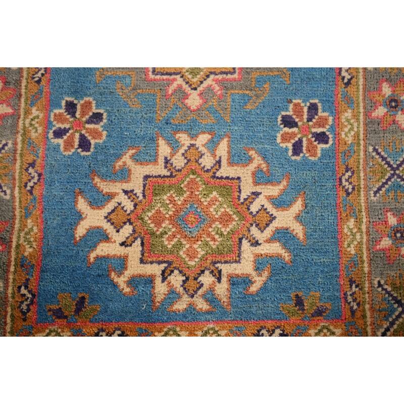 Blue Geometric Kazak Foyer Rug Hand-Knotted Oriental Wool Carpet - 2'0" x 3'1"