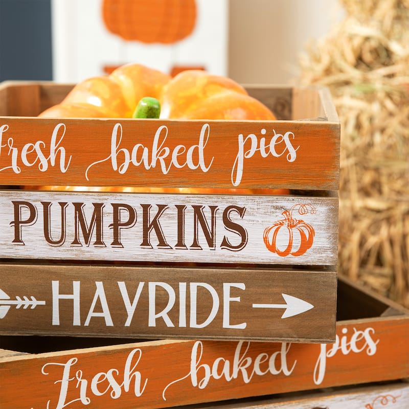 Glitzhome Set of 2 Fall Harvest Wood Crate Farmhouse Autumn Decorative Storage Gift Boxes Porch Decor