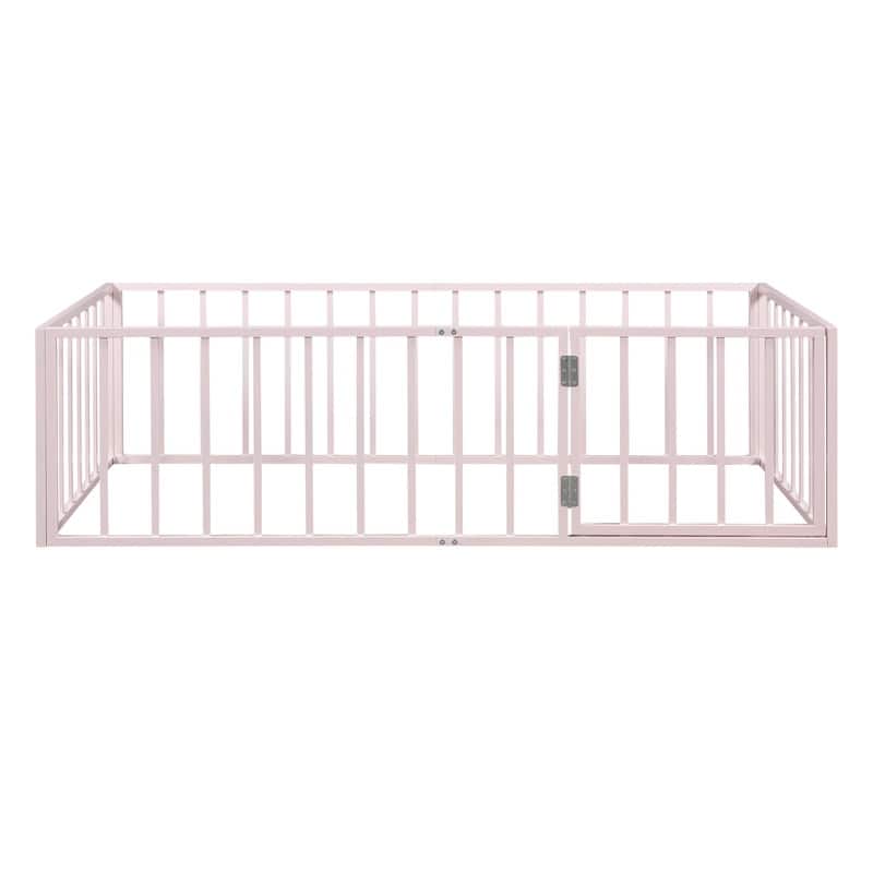 Twin/Full/Queen Size Floor Bed for Kids, Montessori Beds with Rails and Door, Metal Playhouse Bed Frame w/ Fence for Boys Girls