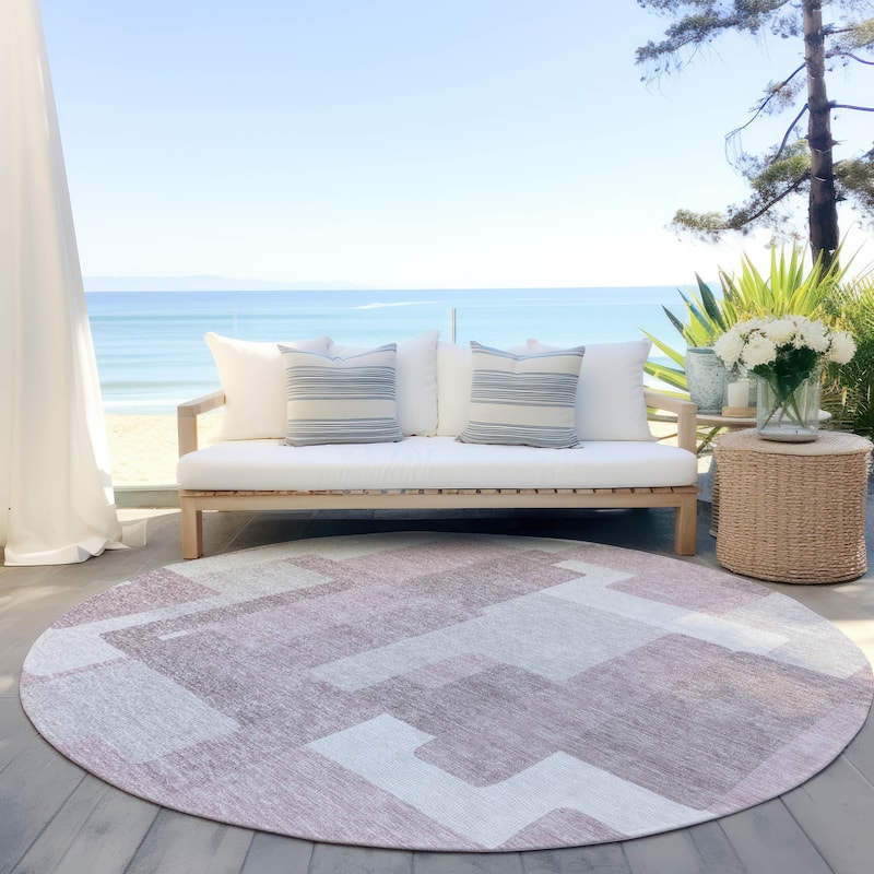 Machine Washable Indoor/ Outdoor Chantille Modern Blocks Rug - Blush - 8' x 8'