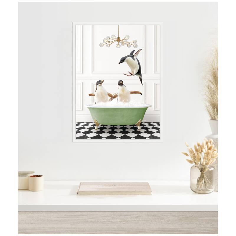 Kate and Laurel Sylvie Penguins in Green Bathtub Checker Floor Framed Canvas by Amy Peterson