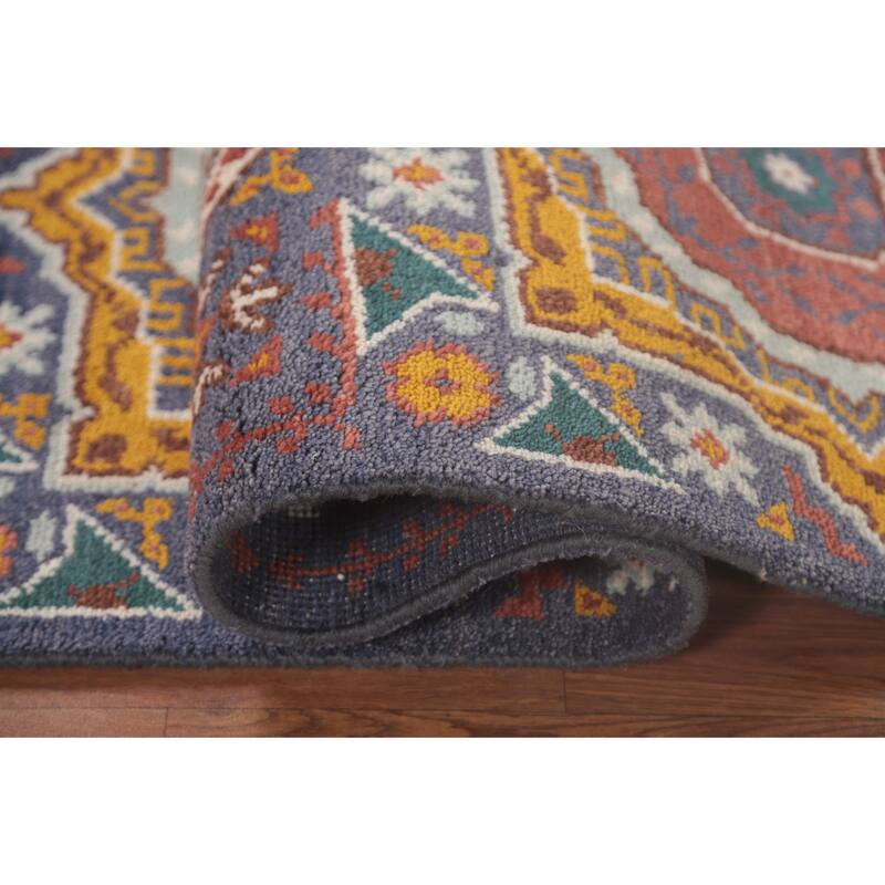 Geometric Blue Kazak Runner Rug Hand-Knotted Wool Carpet - 2'7"x 7'11"