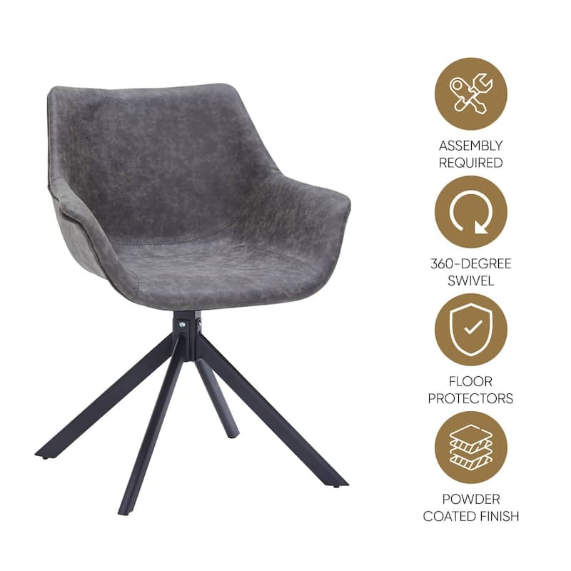 Markley Modern Swivel Dining Chair with Distressed Leather Upholstery, Ergonomic Back, and Black Metal Legs for Home or Office