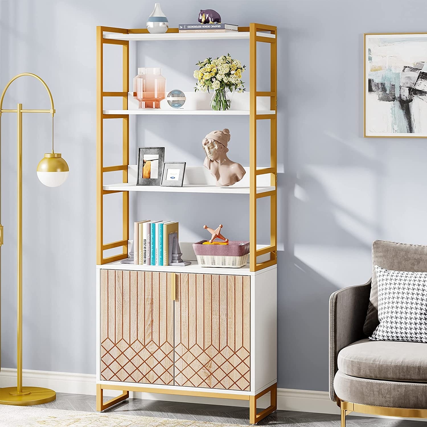 Gold and White Bookshelf with Doors 70.8 Inch Tall Modern Etagere