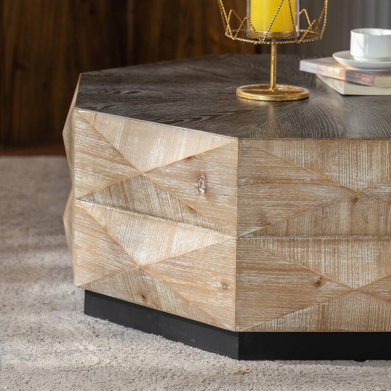 Hexagon Coffee Table - Rustic Wood, 3D Pattern, Farmhouse Style