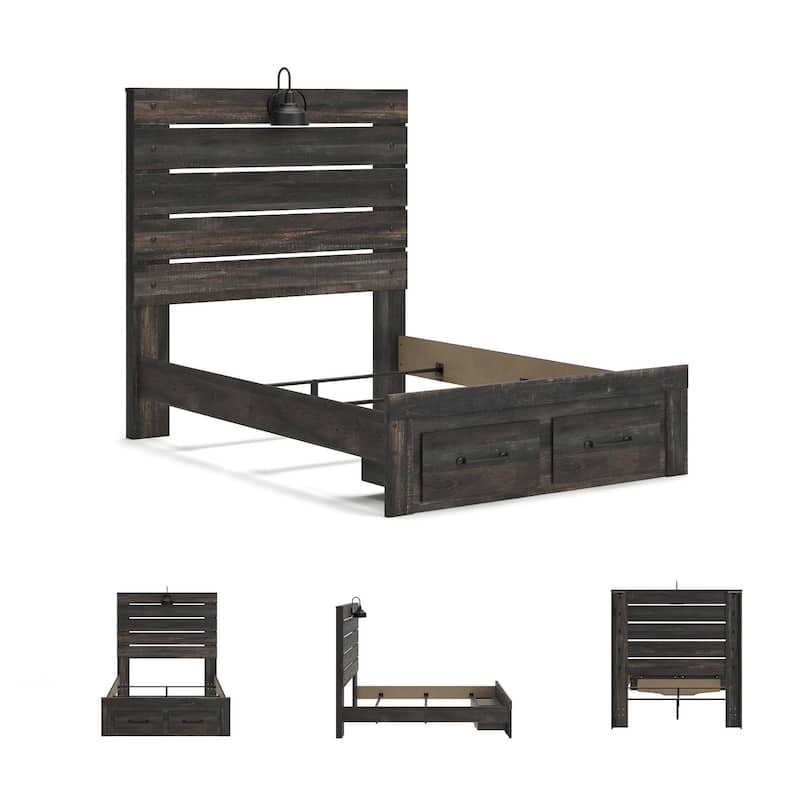 Drystan Rustic Brown Panel Bed with Footboard Storage Drawers