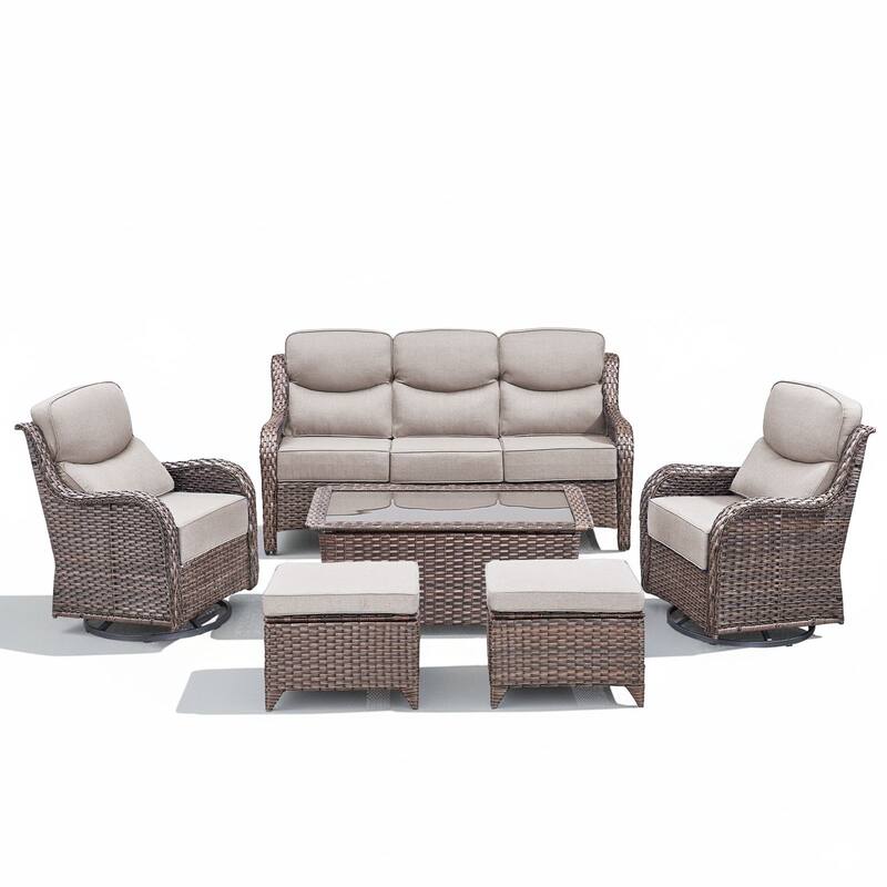 Arcadia 6-Piece Wicker Patio Conversation Set with Swivel Gliders and 6-Inch Thick Olefin Cushions