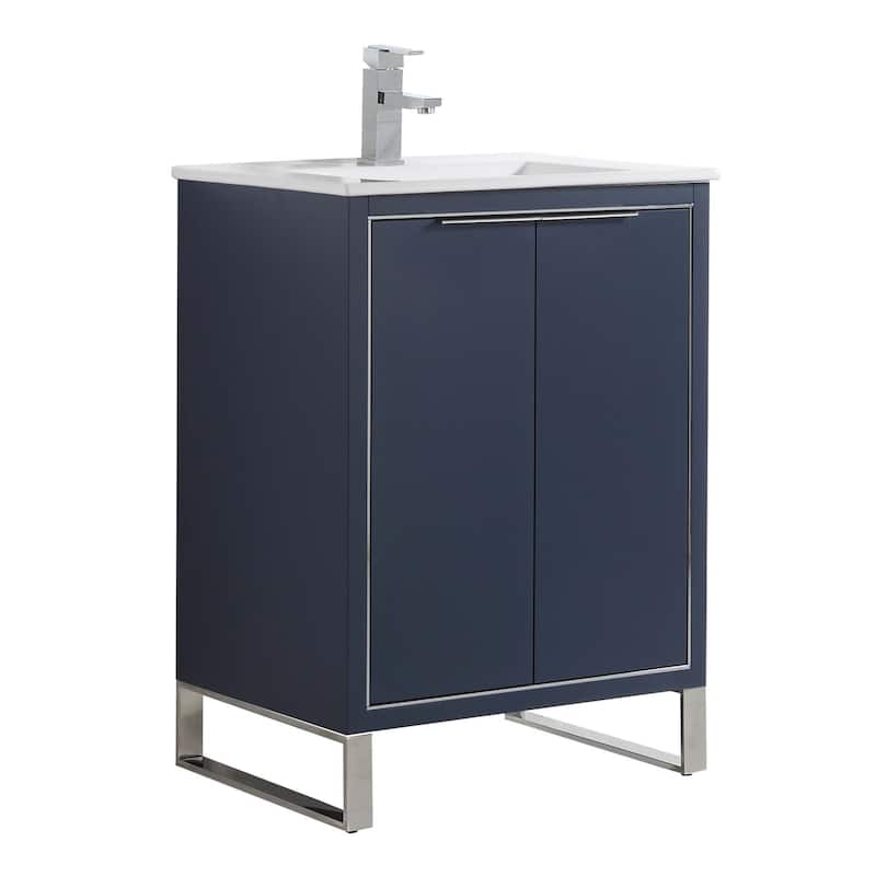 Fine Fixtures Opulence Collection Bathroom Vanity with White Ceramic Sink - 24 Inch - Navy Blue - Chrome Hardware