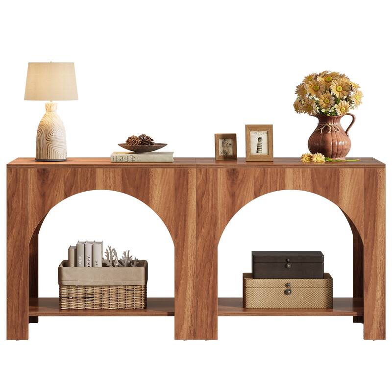 Rustic Wood End Table 2 Tier Side Table with Storage for Living Room - 2 Packs - Brown