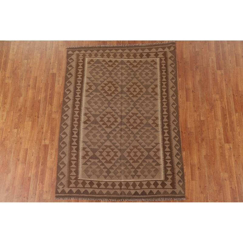 Brown Kilim Oriental Area Rug Hand-woven Bedroom Wool Carpet - 4'11" x 6'9"