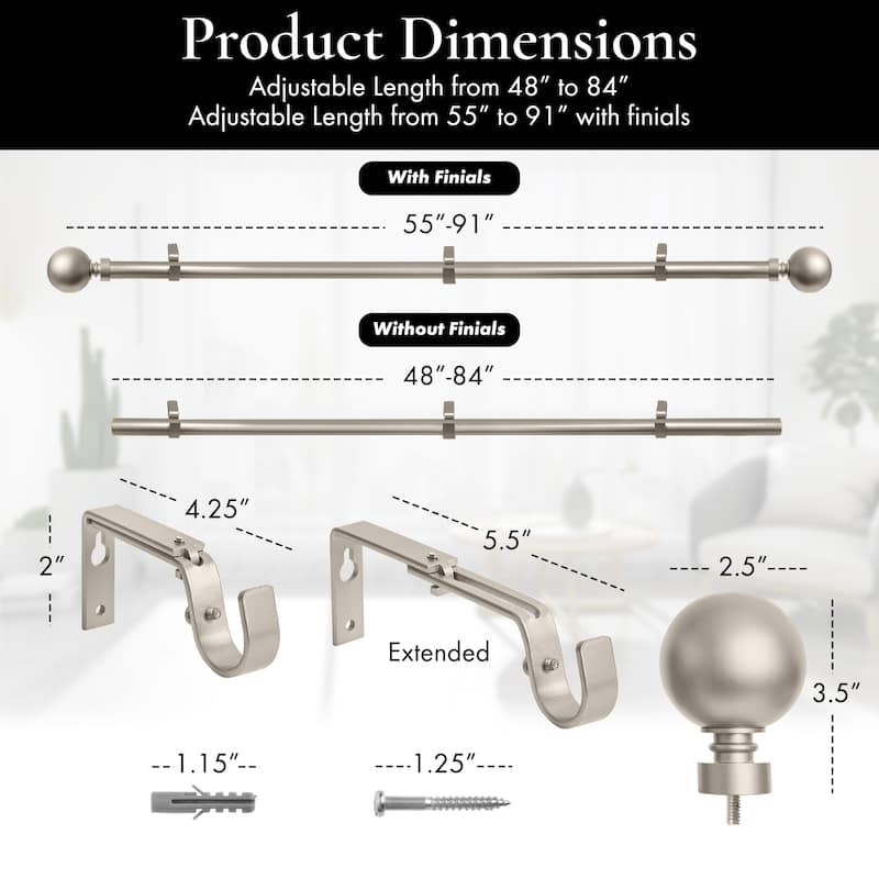 Meriville 1-Inch Diameter Ball Single Window Curtain Rod