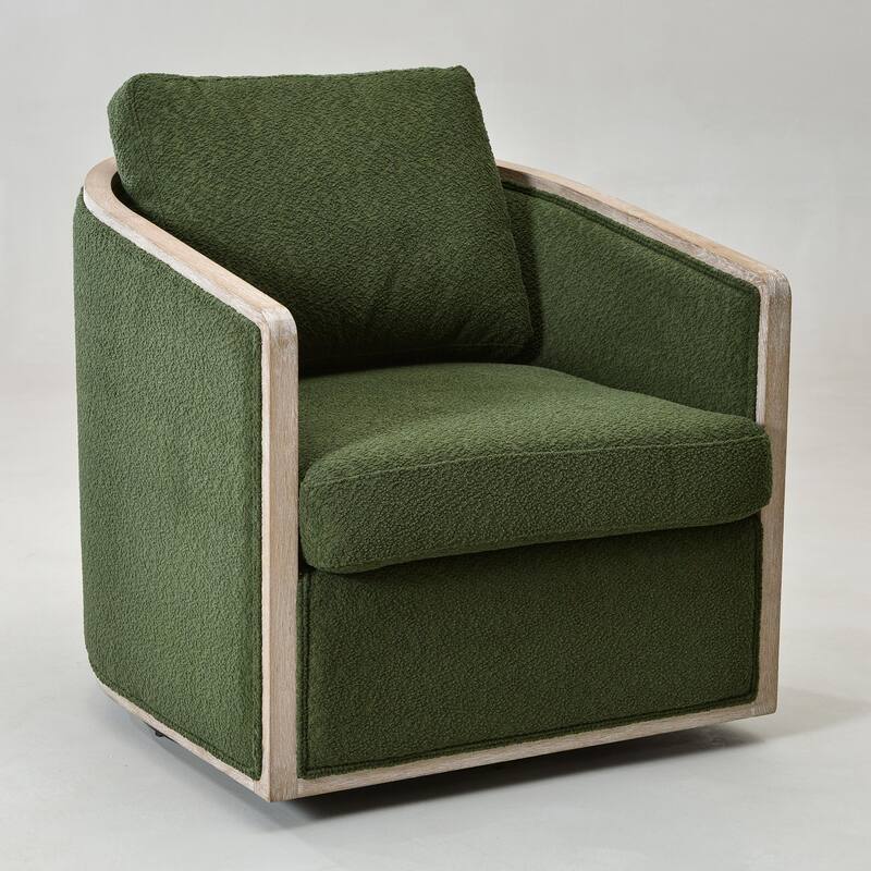 KINWELL 31"W Oak Frame Upholstered Swivel Barrel Armchair