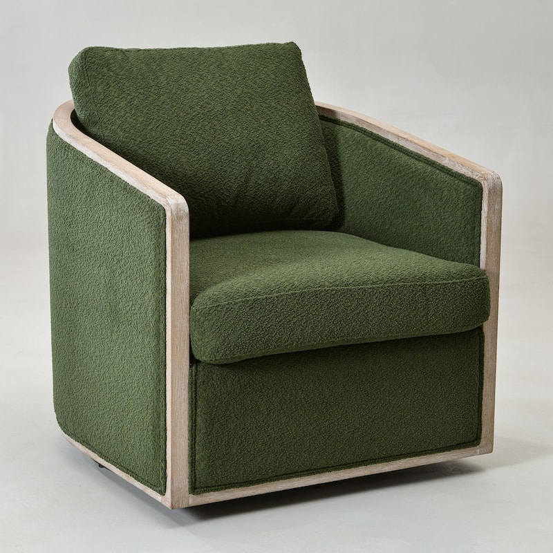 KINWELL 31"W Oak Frame Upholstered Swivel Barrel Armchair - Set of 1 - Green Boucle