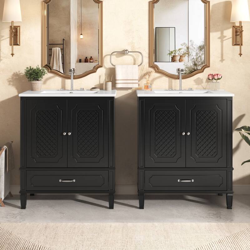60" Bathroom Vanity with Double Sink Combo Set, 2 Cabinet with Door Organizers, 2 Drawers - Black