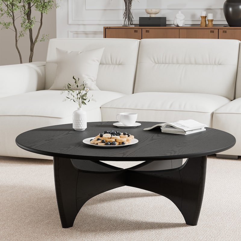 Round Modern Coffee Table Farmhouse Solid Wood Tea Table with Cross Sturdy Legs for Home Office Living Room - 16 in.H x 38 in.W