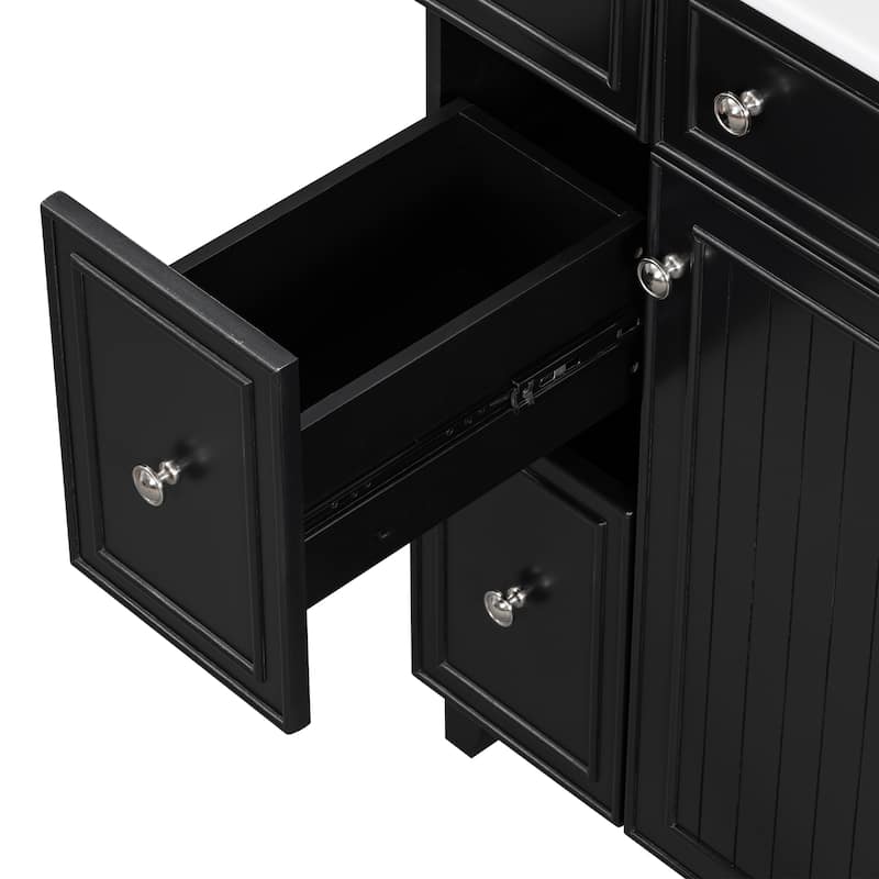 24" Bathroom Vanity Cabinet with Ceramic Sink & 2 Drawers, Bathroom Storage Cabinet Free-standing Single Sink Cabinet, Black