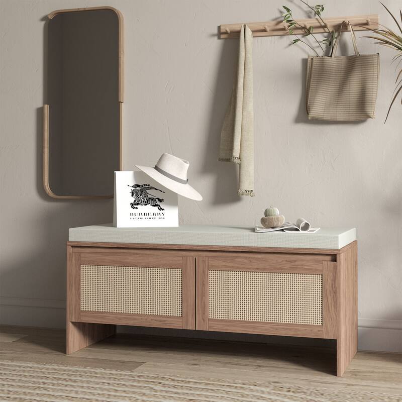 Mid-Century Modern Rattan Storage Bench – Features Two-Door Shoe Cabinet, Natural Wicker Finish, and Removable Cushion