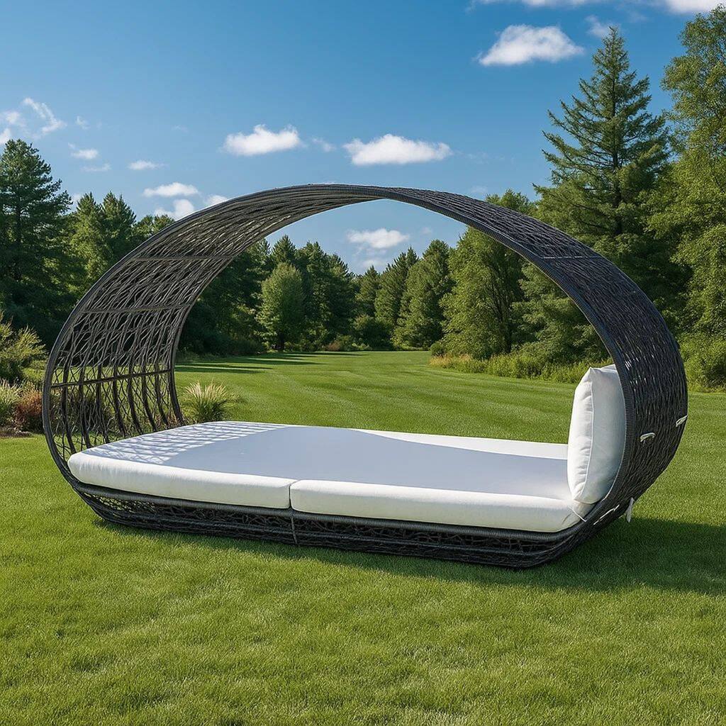 Outdoor Canopy Daybed, Gray Faux Rattan Frame with Off White Cushions