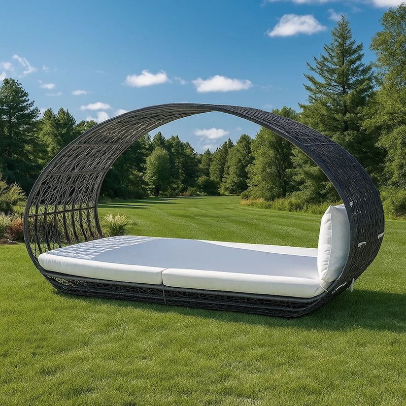 Outdoor Canopy Daybed, Gray Faux Rattan Frame with Off White Cushions
