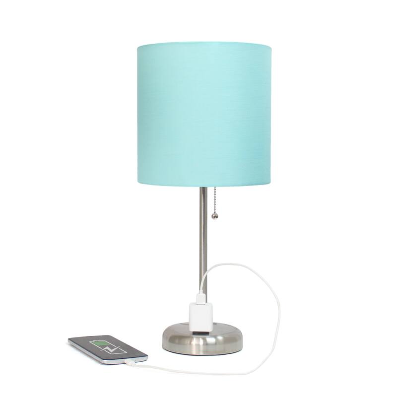 19.5" Power Outlet Metal Lamp in Steel w Aqua Shade