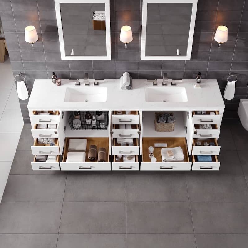 Aberdeen 96 in. White Double Sink Bath Vanity with Carrara Quartz Top and Undermount Porcelain Sinks - 96"