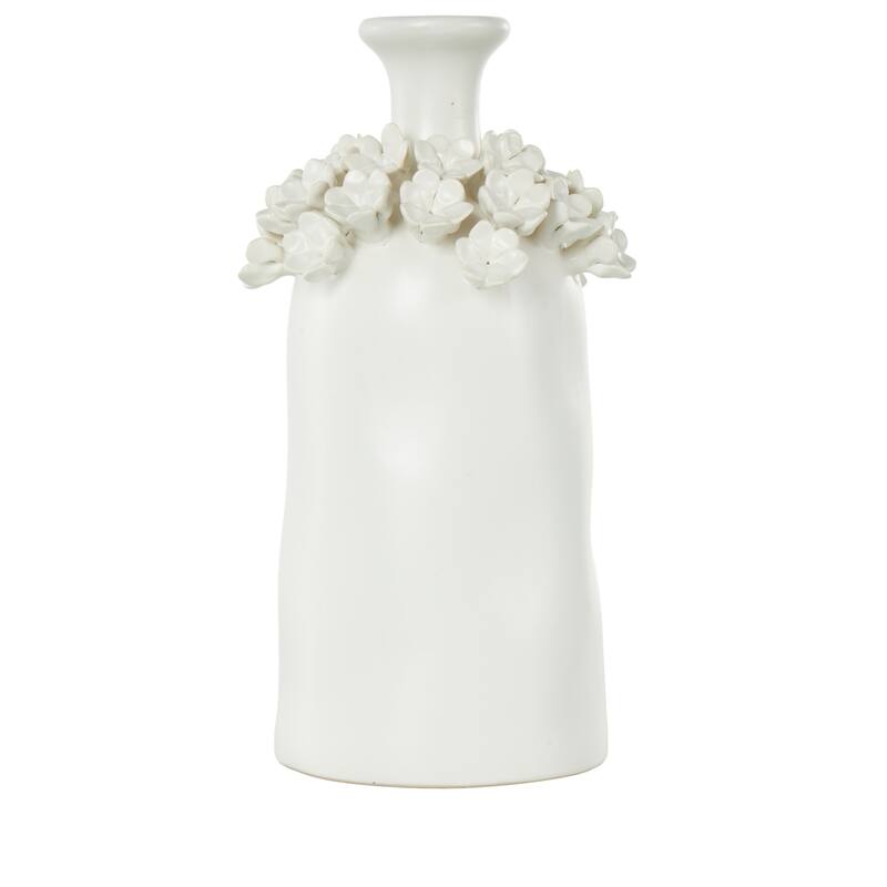 Ceramic Floral Round Vase with Narrow Opening - White - Roche River Decor