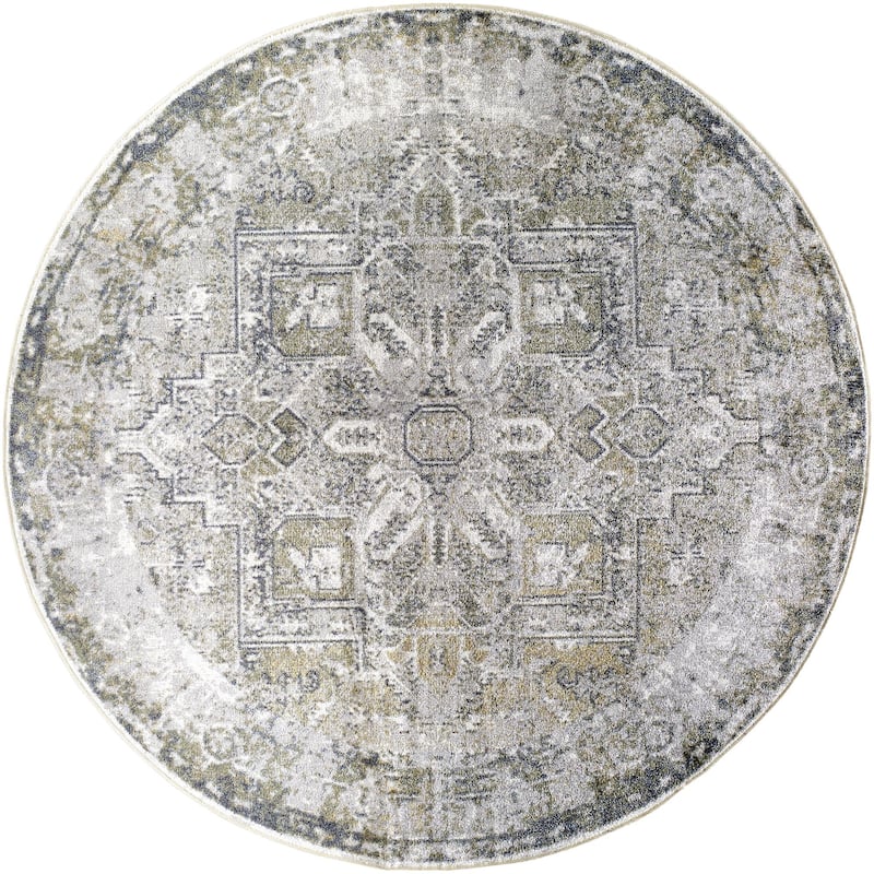 Livabliss Traditional Lillian Medallion Washable Area Rug - 6'7" x 6'7" Round - Beige/Yellow - Round