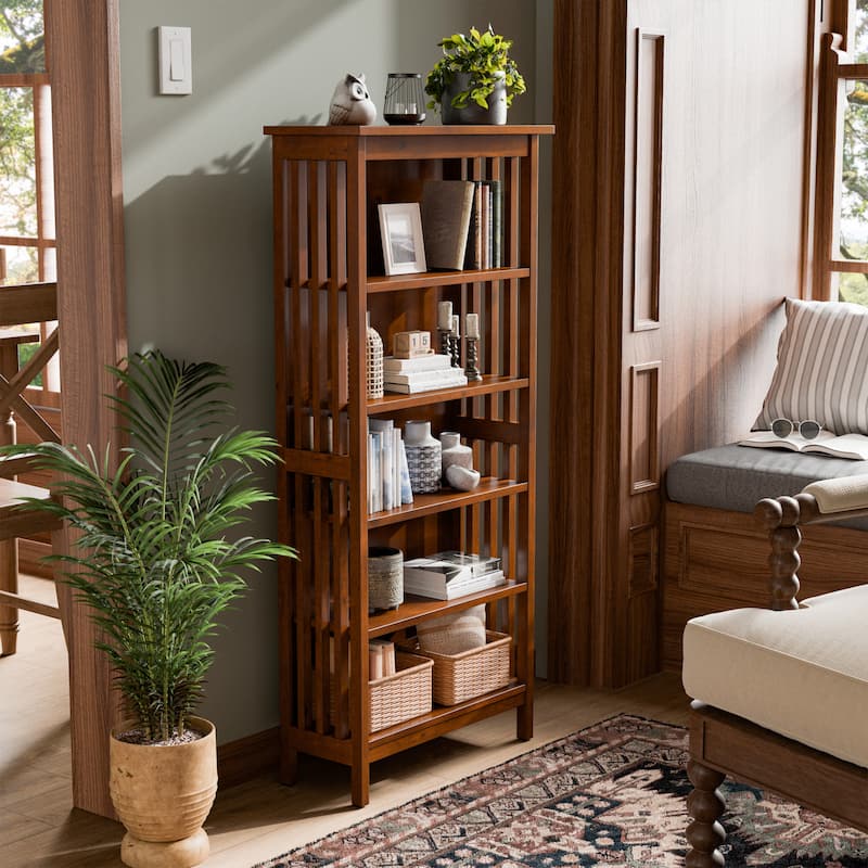 Till Contemporary Oak Solid Wood 5-Open Shelf Media Shelf by Furniture of America - Antique Oak