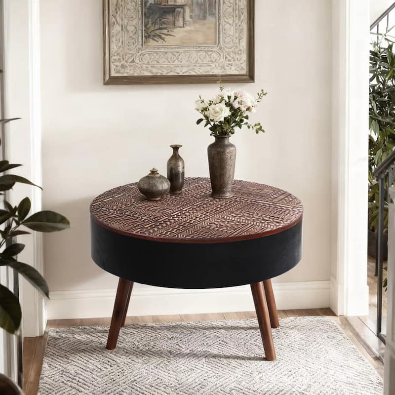 GDFStudio Veyrion Carved Round Coffee Table with Storage and Mid-Century Modern Design