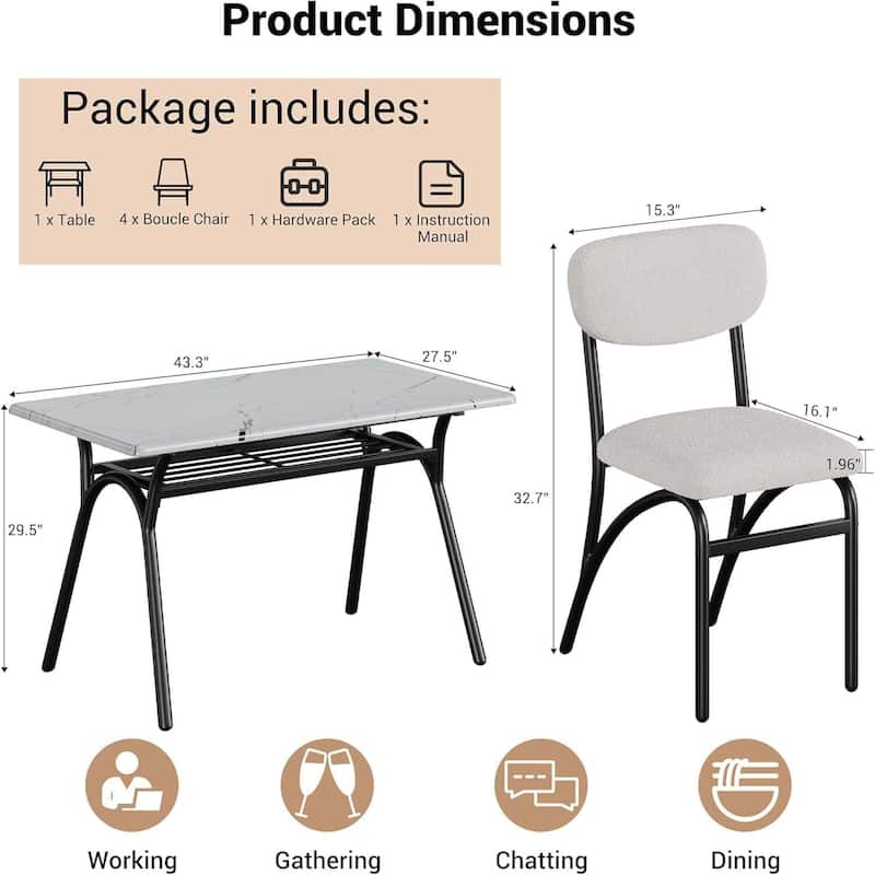 Dining Table Set for 4, with 4 Boucle Chairs and Storage Rack